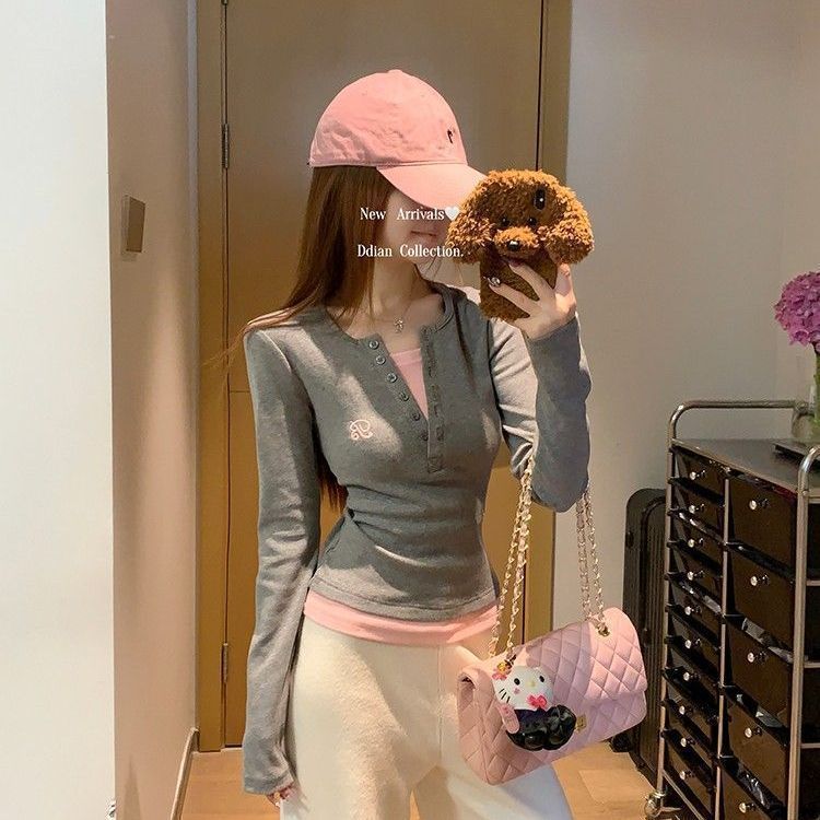 撞色正肩假两件纽扣修身长袖T恤女2025秋冬新款bm内搭打底衫上衣|undefined