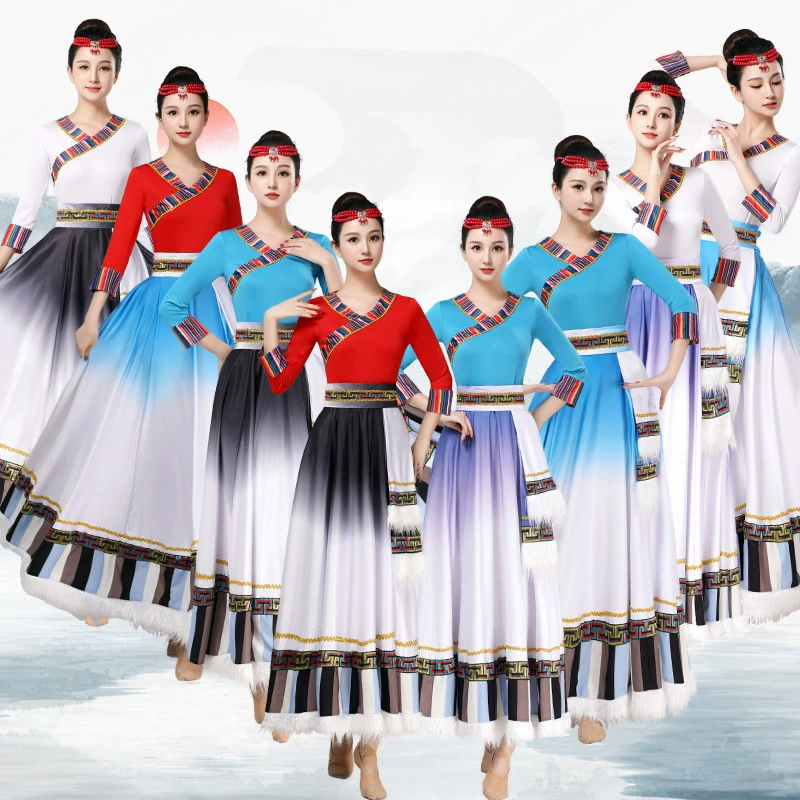 Новые тибетские танцевальные костюмы для женщин, тибетские костюмы этнических меньшинств, тибетские танцевальные костюмы, тренировочные юбки средней длины.