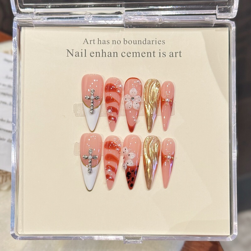 Yihe Original【Sacred Cross】Long Pointed Magic Mirror Powder French Style with European and American Pure Handmade Press-On False Nails