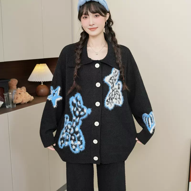 【伊之妍】半边绒冬季新品翻领开扣女睡衣软绵绵加厚长袖保暖套装