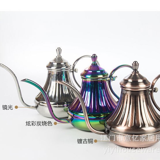 In-Stock Stainless Steel 304 Embossed Antique Copper-Colored Court-Style Teapot with Hanging Handle and Fine Spout for Hand-Brewed Coffee, Gift Item