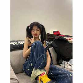 泼墨牛仔背带裤女夏季ins潮 美式复古高街工装阔腿裤子吊带连体裤