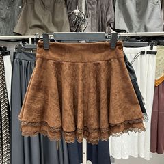 韩版时尚麂皮绒半身短裙2025春季新款层层蕾丝花边半身裙女