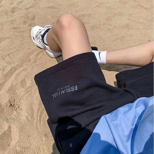 Men's Loose Wide-Leg Pants, Casual Outerwear, Lettered Sport Shorts, Trendy Hong Kong Style Beach Five-Pocket Pants