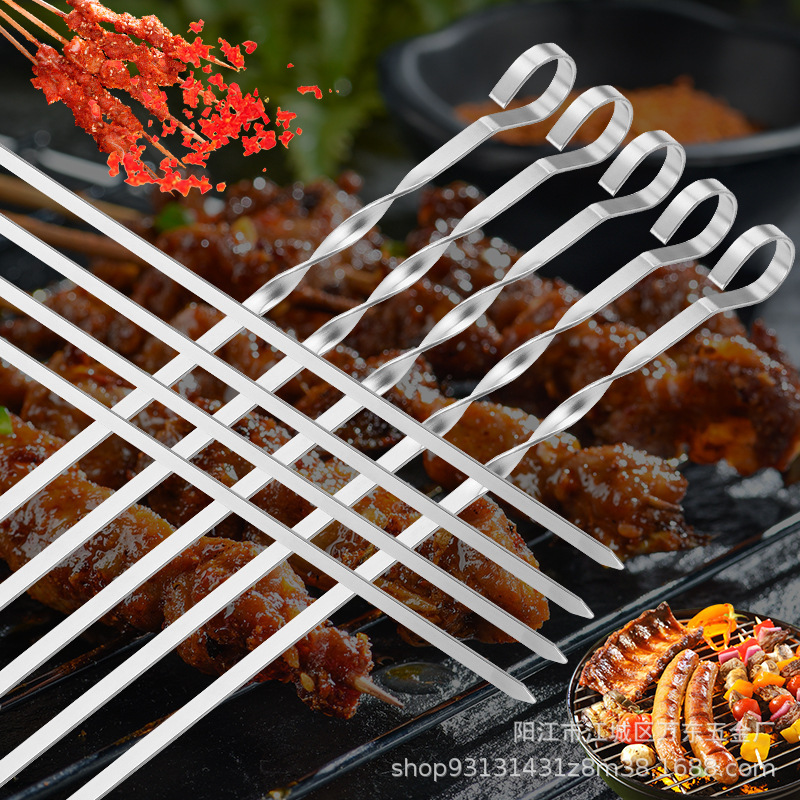 Stainless Steel BBQ Grilled Needle Barbecue Skewers Large Flat Barbecue Skewers Outdoor Baking Mutton Skewers Set Stainless Steel Skewers