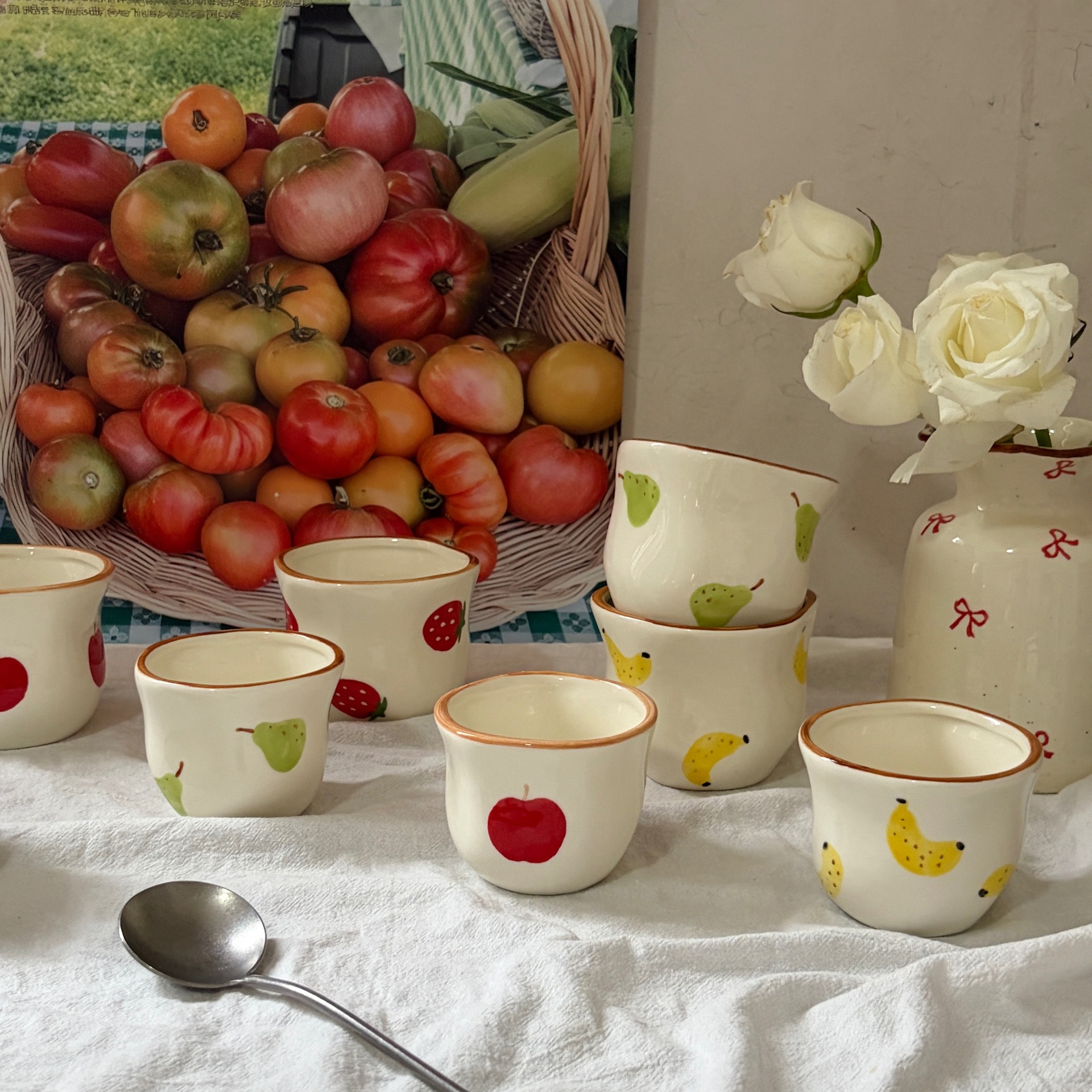 Ins-Style Retro Hand-Painted Fruit Irregular Ceramic Cup, Hand-Held Coffee Cup, Latte Art Cup, Milk Breakfast Cup