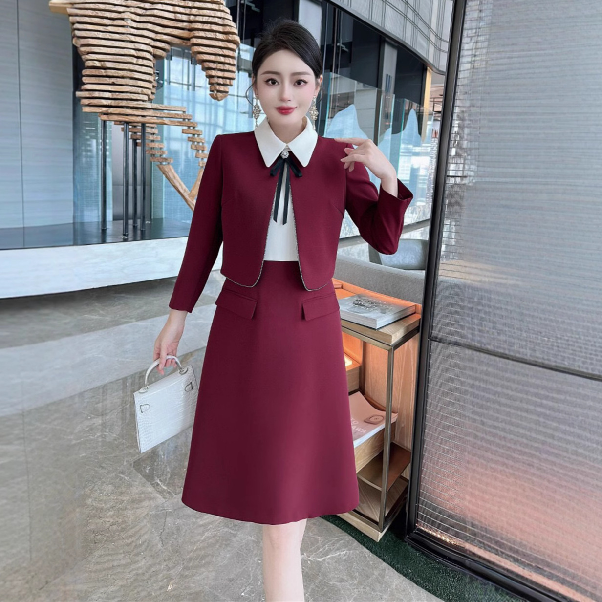 직장 작은 검은 치마 가을과 겨울 유럽 상품 작은 향기로운 바람 무거운 산업 옷깃 활 가짜 투피스 허리 원피스