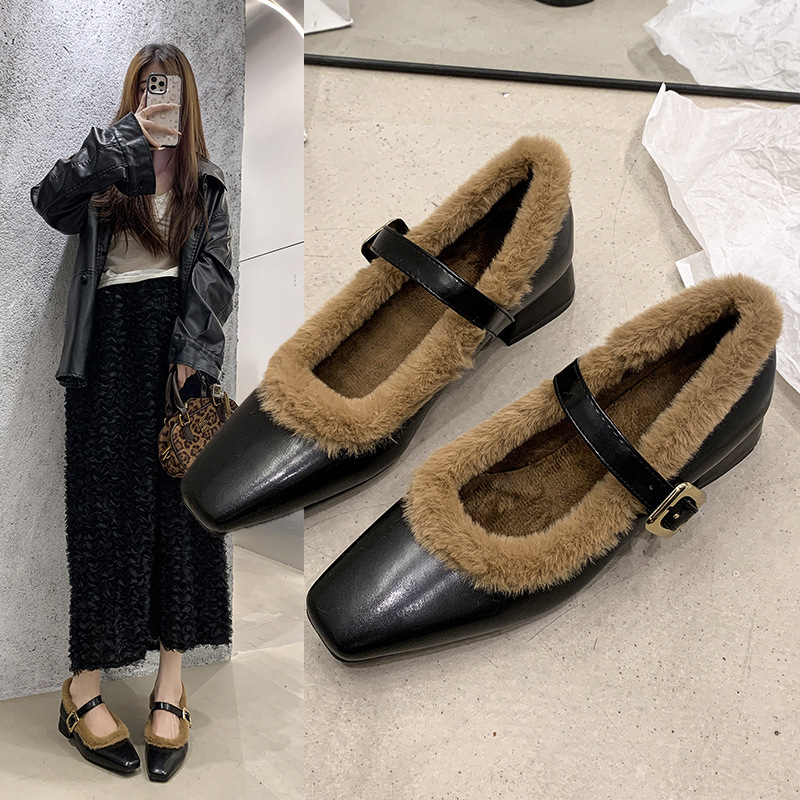 法式复古黑色玛丽珍鞋女粗跟2025新款冬季加绒保暖毛毛鞋平底单鞋