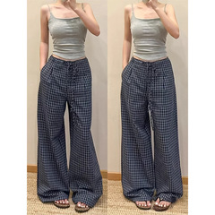 藏青格休闲裤女夏季新款高腰垂感宽松慵懒感木耳边韩版牛仔阔腿裤