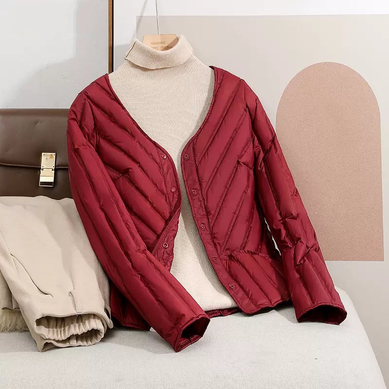 Transfronterizo Tik Tok90 camisa de plumón para mujeres corto ligero invierno invierno cuello redondo cuello en V chaqueta casual