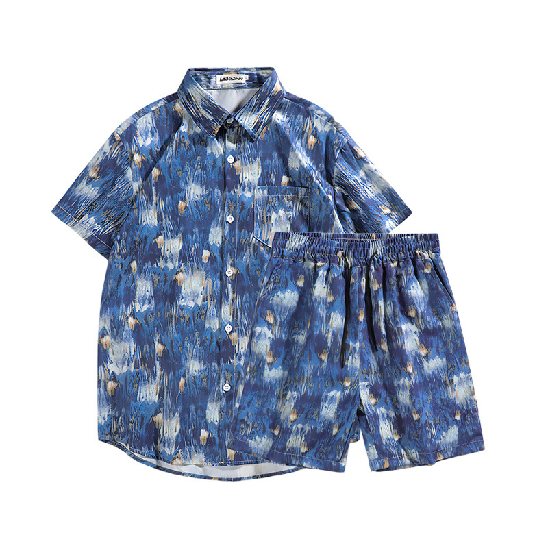 Beach Clothing suit Hawaii Men's Short-sleeved Shirt Fashion Brand Ink Tie-dye Loose Seaside plus size Two-piece Set for Foreign Trade
