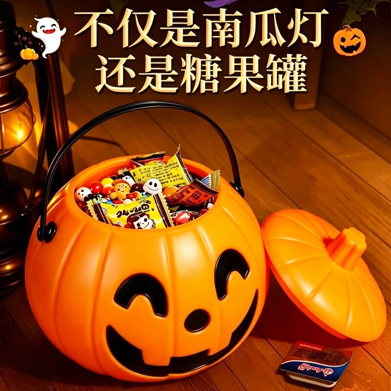Portable pumpkin bucket, Halloween pumpkin bucket light, glowing pumpkin light decoration, foreign trade warm light pumpkin portable candy bucket