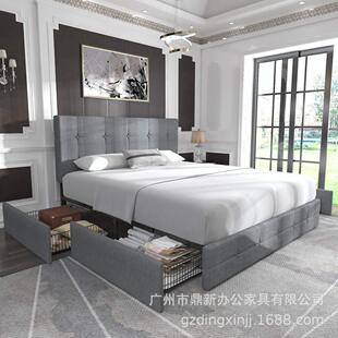 Large-Capacity Storage Double Fabric Bed for Export, Multifunctional Frame with Wooden Slats and Iron Frame Fabric Bed