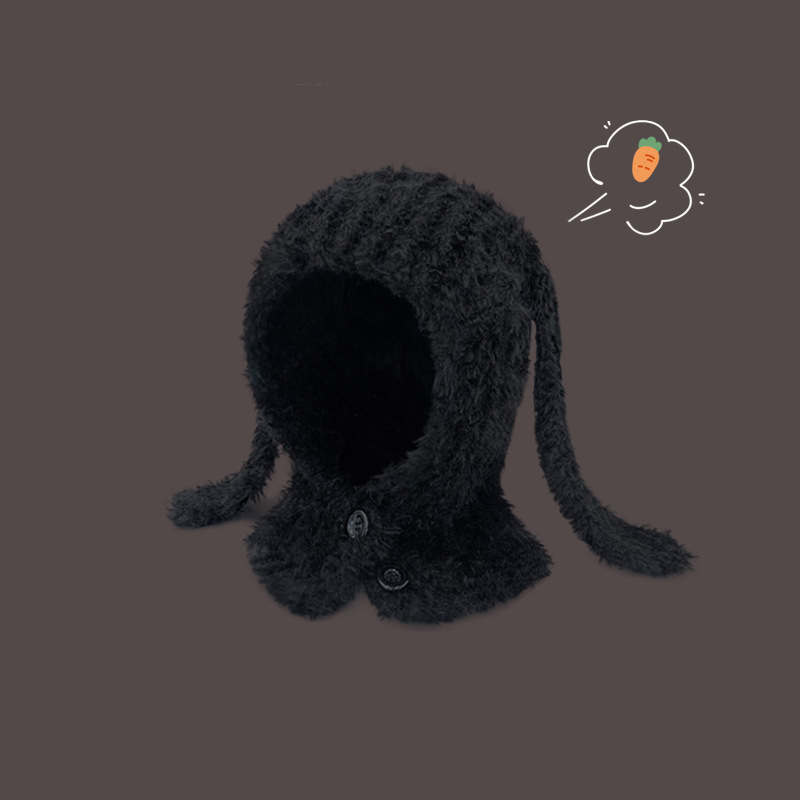 Lindo conejo de peluche con orejas largas, forma cóncava femenina, protección cálida para los oídos, gorro tipo balakrafa, gorro tipo jersey para otoño/invierno_voghion.com
