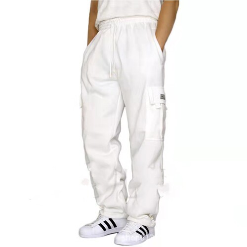 Sports and Leisure Fleece Lined Ankle-Binding Multi-Pocket Lacing Men's Loose Work Pants