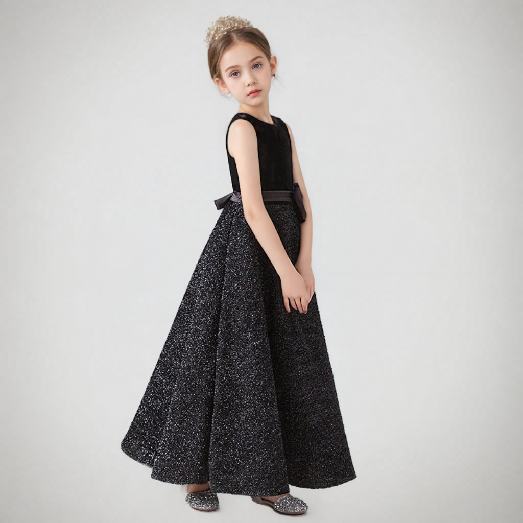 Vestido de cerimónia sem mangas com brilho para menina preto_voghion.com