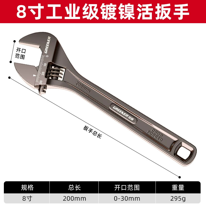 Llave ajustable forjada de acero puro con alto contenido de carbono Green Forest, con gran apertura, llave multifuncional.