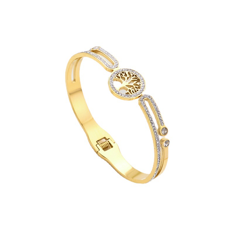 Ventas transfronterizas calientes nuevas pulseras de acero inoxidable chapadas al vacío nicho de diseño universal zircon árbol de vida pulseras de acero de titanio