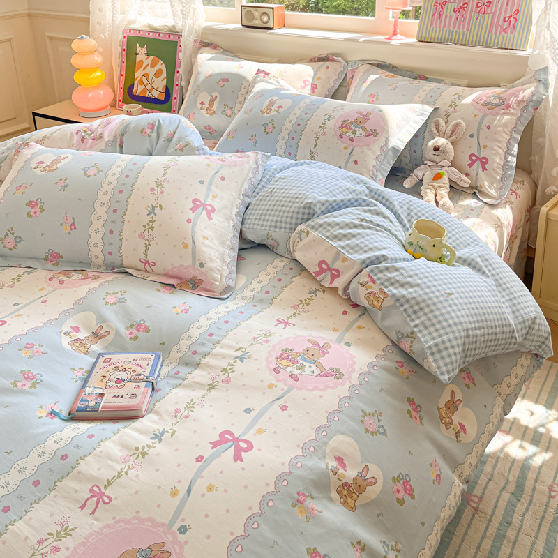 Xiaokaba algodón fresco de cuatro piezas, sábanas de algodón, ropa de cama de tres piezas para estudiantes.