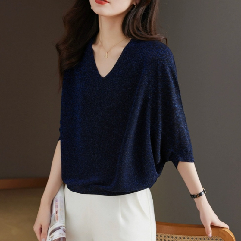 Chicken Heart V-neck Half Dolman Sleeve Knitted T-shirt Top Women's Elegant Ice Silk Thin Loose T-shirt Blouse Summer Dress Chicken Heart V-neck Half Dolman Sleeve Knitted T-shirt Top Women's Elegant Ice Silk Thin Loose T-shirt Blouse Summer Dress