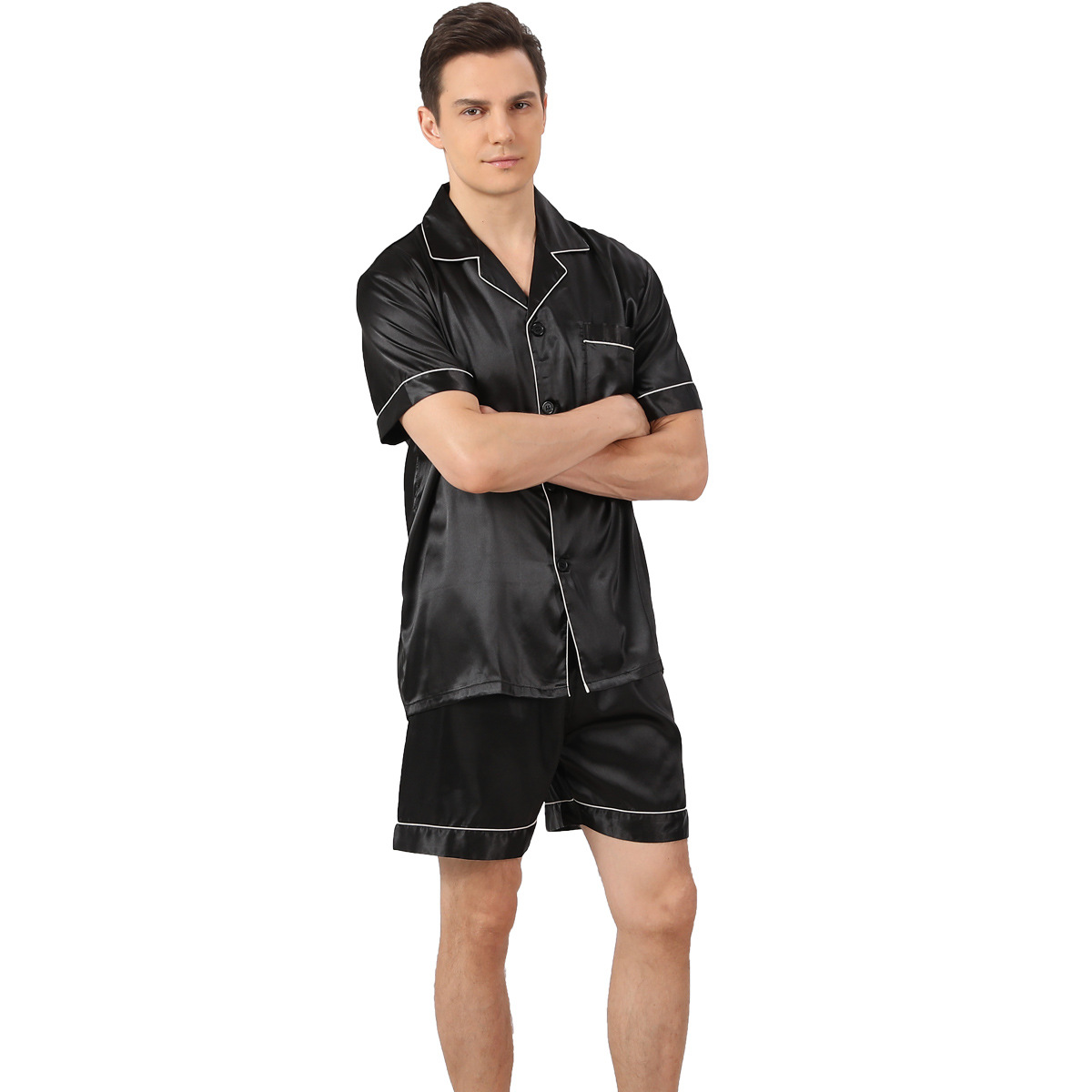 Traje de pijama de seda de hielo de los hombres de tamaño más tamaño europeo transfronterizo ropa de hogar suelta pantalones cortos de manga corta delgada transpirable para hombres de verano