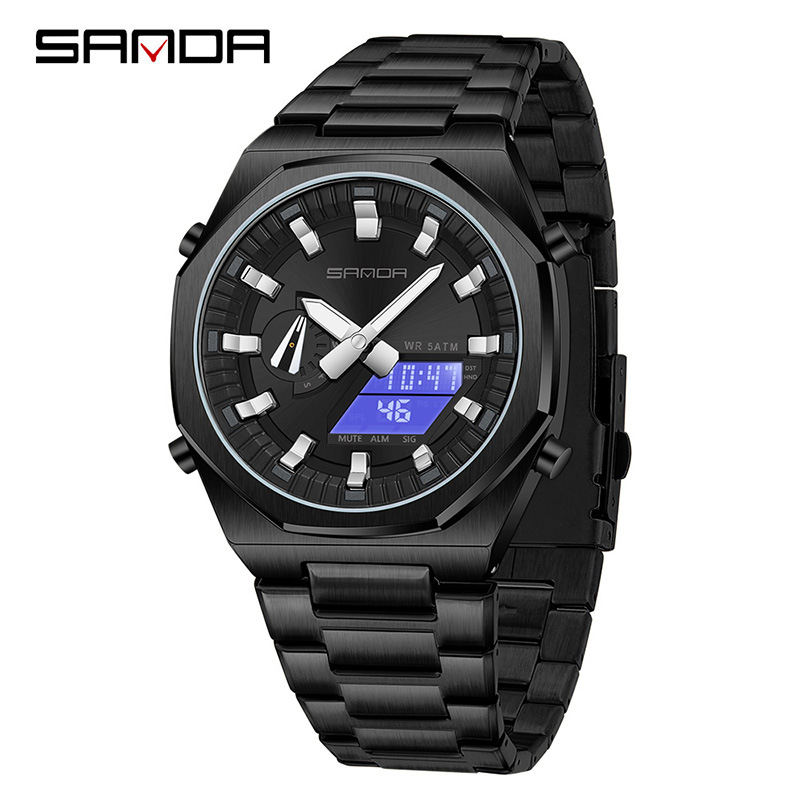 SANDA SANDA reloj electrónico sincronizado doble pantalla multifuncional reloj de hombre octogonal cuenta atrás reloj de pulsera de luz nocturna 3376