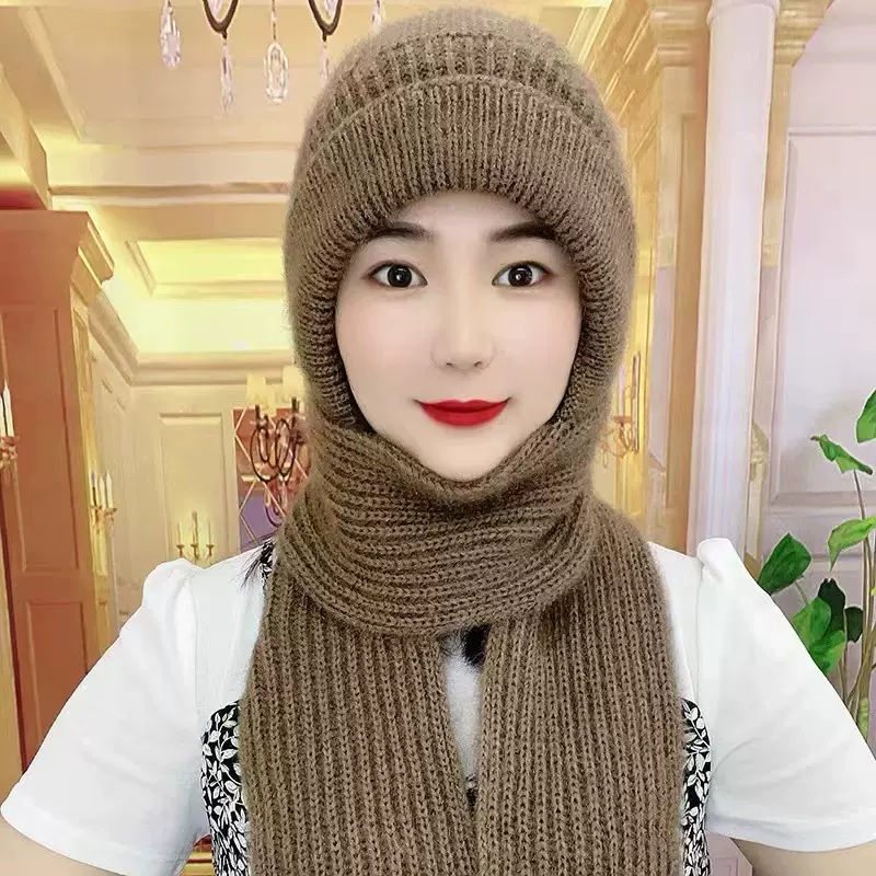 新款帽子围巾一体秋冬季保暖加绒加厚女士松鼠绒风雪帽毛线针织帽