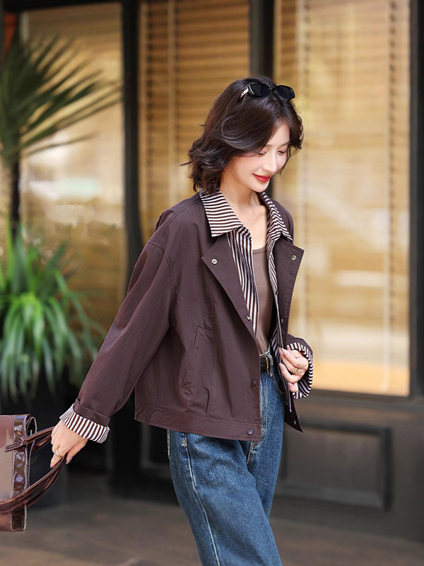 2025设计感条纹衬衫领假两件外套女春秋季新款港风短款时尚夹克潮|undefined