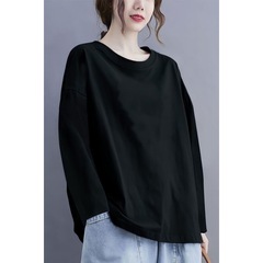 春秋大码宽松显瘦纯棉长袖T恤女时尚百搭打底衫休闲圆领薄款上衣
