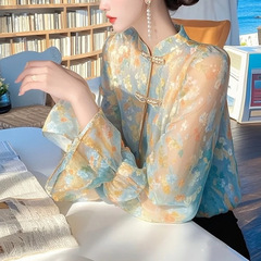 蓝色雪纺衬衫2025超火秋装新款气质高级感轻奢减龄洋气碎花上衣女