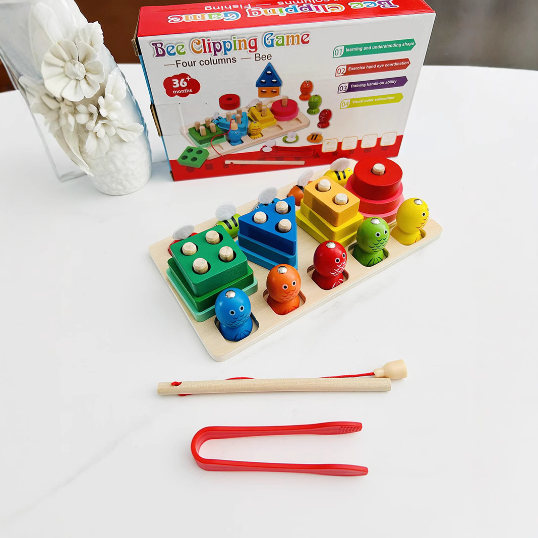 Wooden geometric shape set column building block clip bee magnetic fishing baby Montessori early education 1-3 years old educational toys