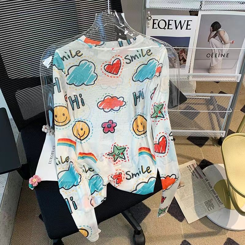 2024 New Cartoon Print Long-Sleeved Mesh Thin T-Shirt for Women, Summer Hyuna Style, See-Through Sun Protection Fashion Top