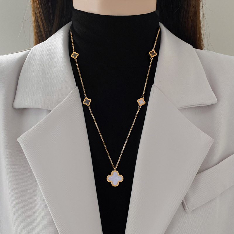 Lucky Grass Double Sided Necklace Minimalist Real Gold Chain_voghion.com