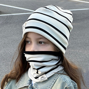 Striped children's autumn and winter boys and girls warm knitted hat scarf two-piece set boys and girls earmuffs head hat