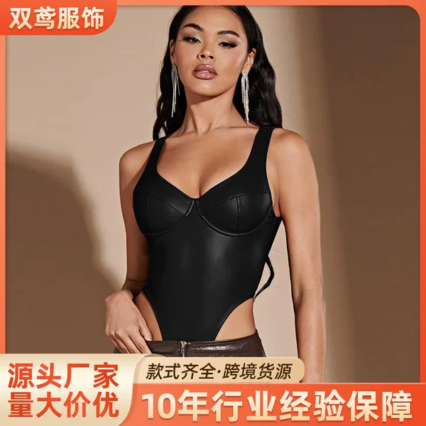 European and American Cross-Border Popular Sexy Fashion Jumpsuit Pu Outer Wear Beautiful Back Popular Triangle High Waist Exposed One-Piece Leather Jacket