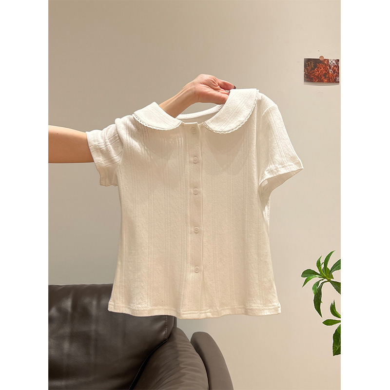 This Year's Trendy and Super Stylish Korean-Style Lace-Trimmed Doll Collar Short-Sleeve T-Shirt for Women Is Sweet, Youthful, and Slim-Fitting