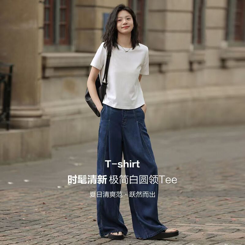 Shoulder cotton short sleeve T-shirt women's summer new Korean casual loose minimalist white crew neck Tee a generation of hair Shoulder cotton short sleeve T-shirt women's summer new Korean casual loose minimalist white crew neck Tee a generation of hair