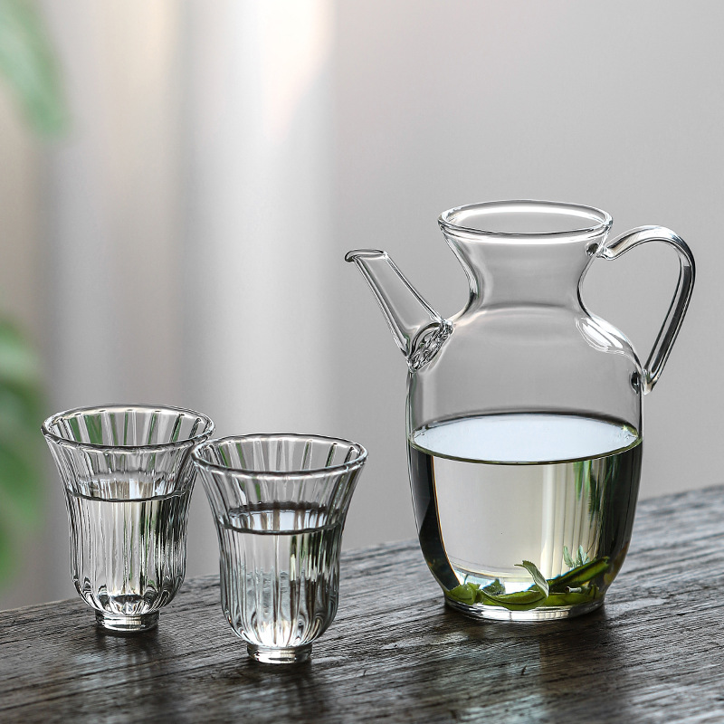 Transparent handle small morning green teapot + 2 flower god cups