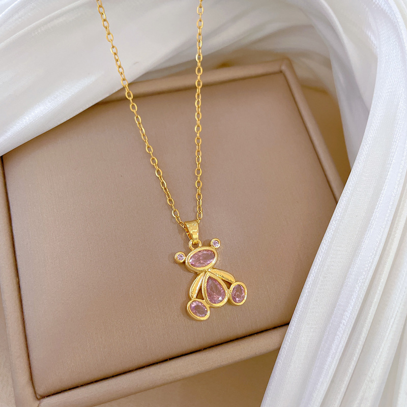 Gorgeous Pink Bear Pendant Necklace - Versatile Titanium Steel_voghion.com