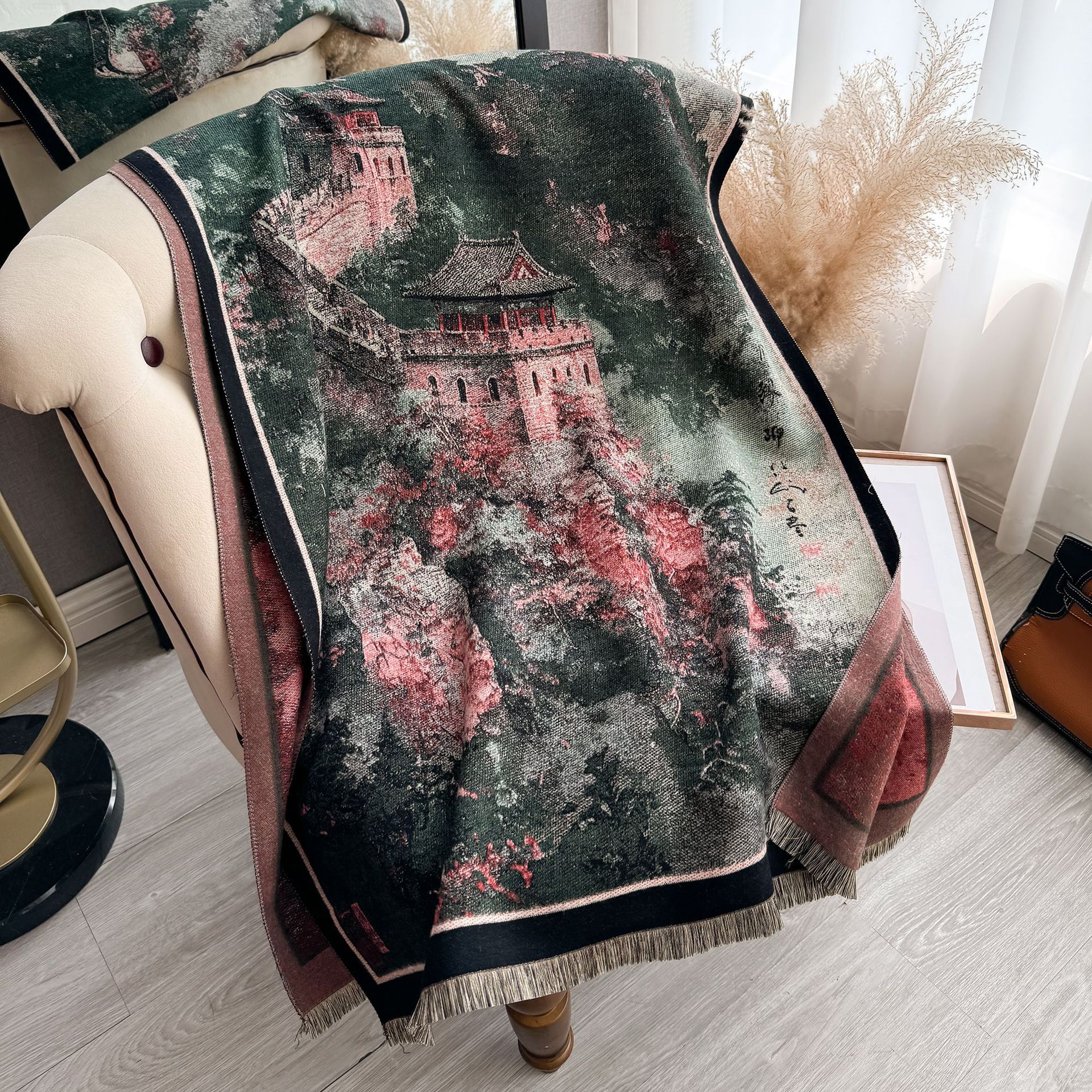 Retro pintura al óleo en color serie de combinación de imitación de cachemira gruesa mantel caliente otoño invierno nuevo estilo de literatura bufandas versátiles mujeres