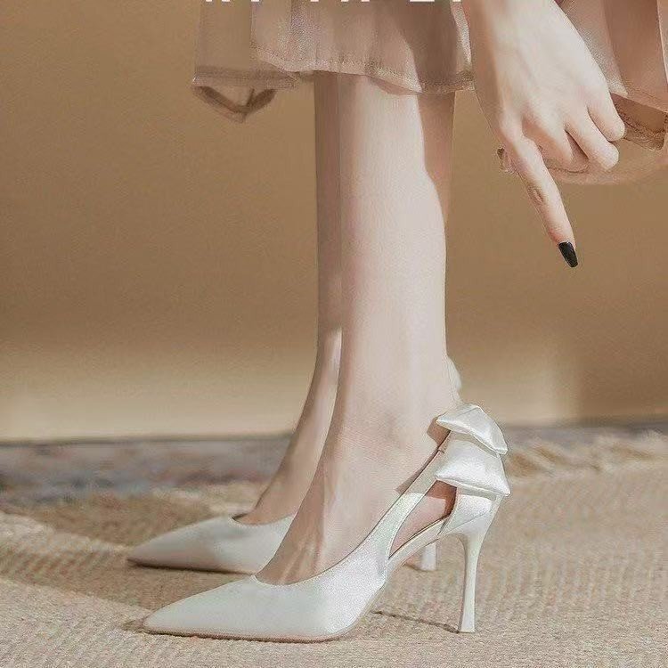 Shallow-Mouthed Single Shoes, Wedding Shoes for Women, Bridal Bow-Knot Fabric Korean-Style Stiletto Heels, Women's High-Heeled Shoes, Nude Color, Fashionable Pointed Toe