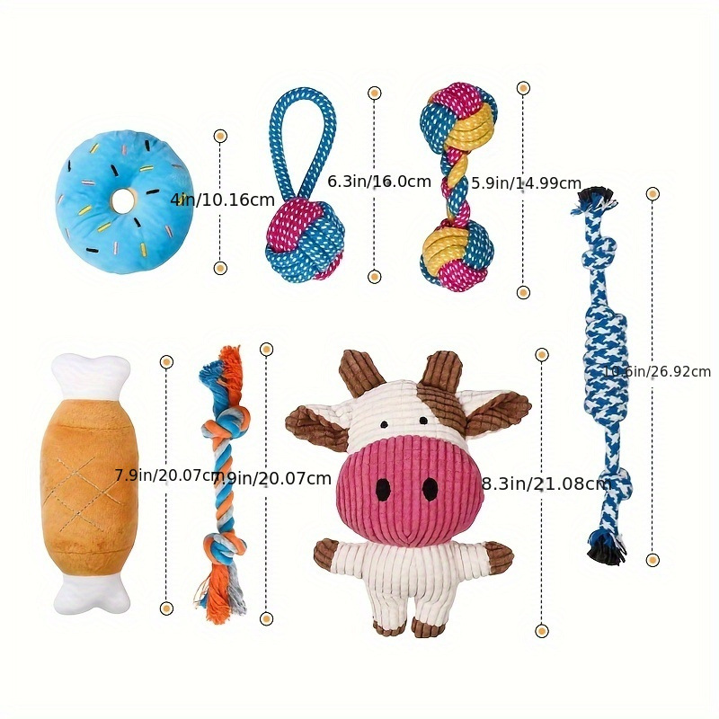 (2개) 7 팩 작은 개 장난감 강아지 젖니가 남 장난감 내구성 밧줄 씹는 장난감 귀여운 송아지 소리 개