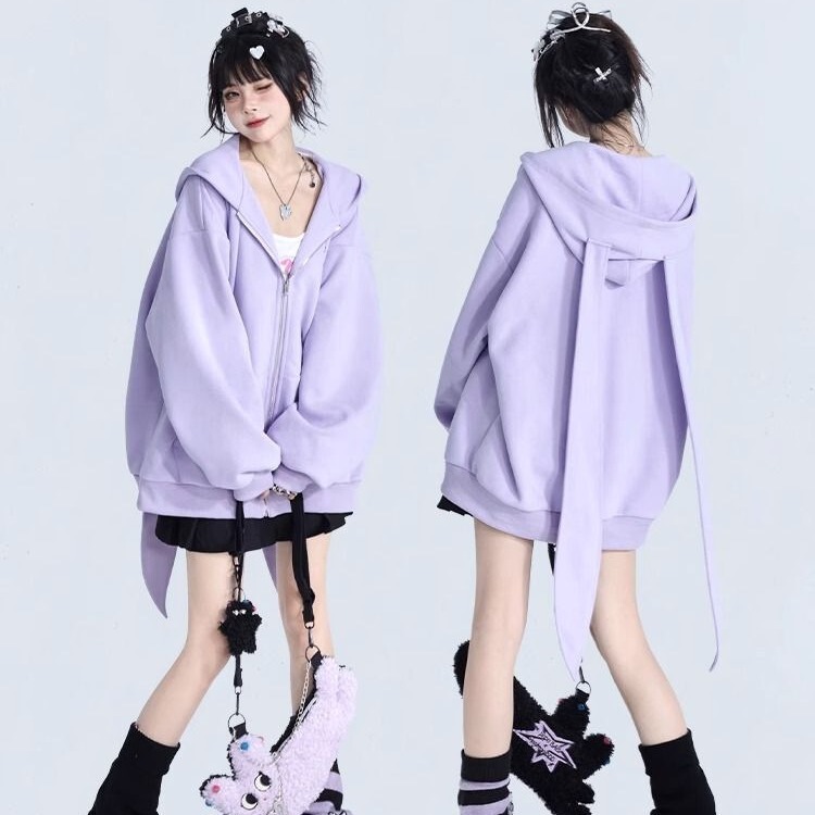 Detachable Rabbit Ear Purple Hooded Student Sweatshirt for Women 2026 Autumn and Winter Loose Long-Sleeve Cardigan Jacket Trendy