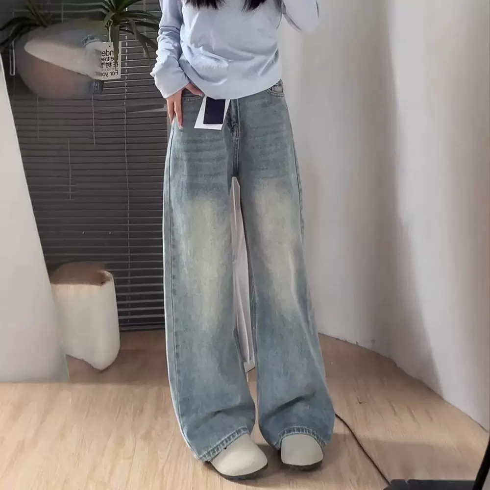 浅色阔腿牛仔裤女高腰春季新款大码胖mm宽松显瘦梨形身材直筒裤子