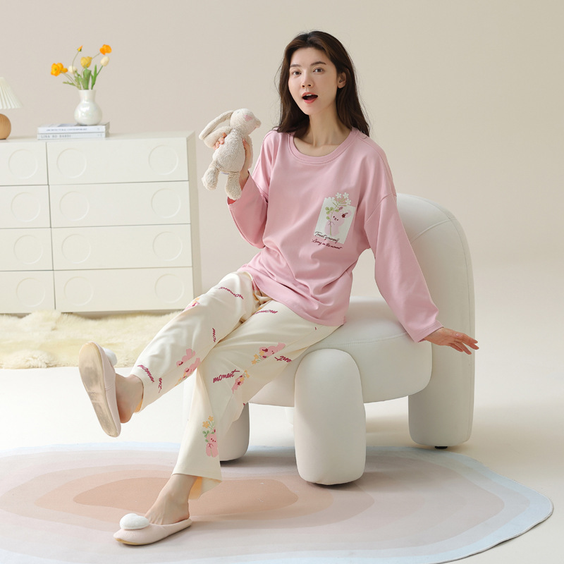パジャマの女性春秋の純綿の長袖の2024年の新型の秋冬の大きいサイズの純綿は家の服のスーツを着ることができます。
