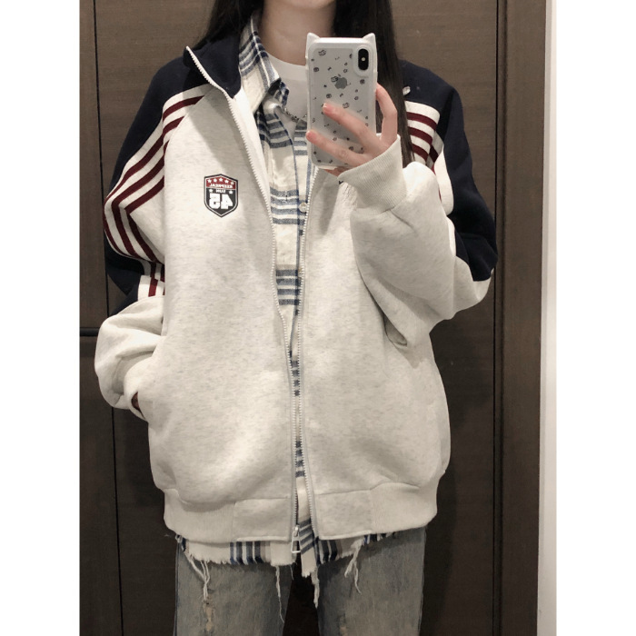 美式立领运动外套女春秋季2025新款卫衣开衫夹克上衣男女港风chic|undefined
