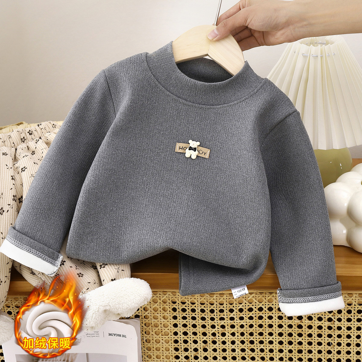 Ropa base para niños invierno nuevo bebé más terciopelo grueso niño medio cuello alto niña camiseta top ropa para niños cálida