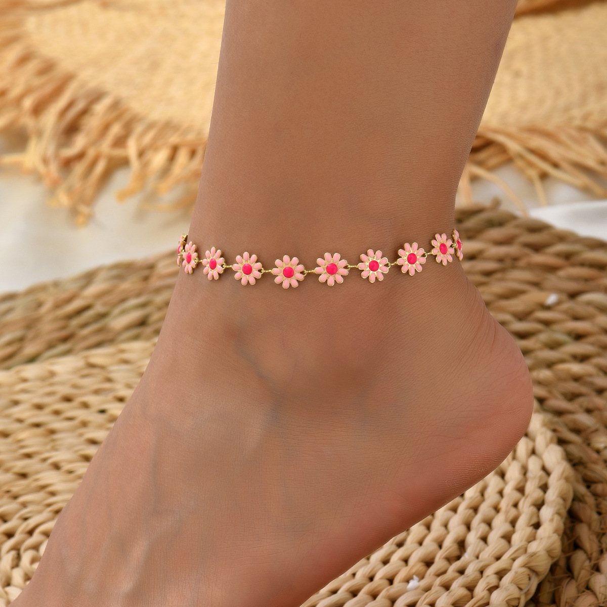 Beach Occasion Sweet Flower Artificial Pearl Alloy Beaded Enamel Women's Anklet