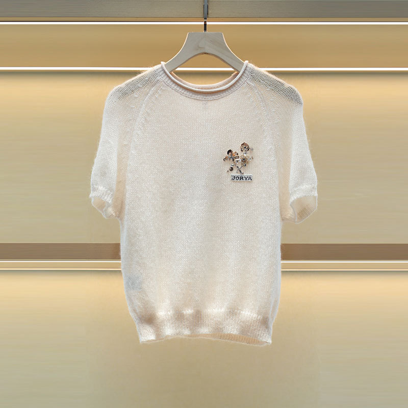 Mo Shu Wei Ya 2025 Spring New Beaded Sequins Round Neck Short Sleeve Hollow Waist Sweater 5202B