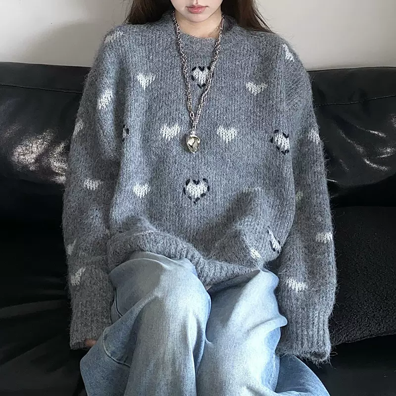 爱心浣熊绒毛衣女秋冬季韩系宽松穿搭小个子慵懒风正肩针织衫上衣
